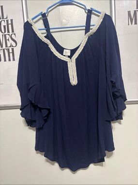 Cupio Navy Cold-Shoulder Blouse with Beaded Trim